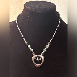 Gunmetal Silver Heart Necklace with Green Beads